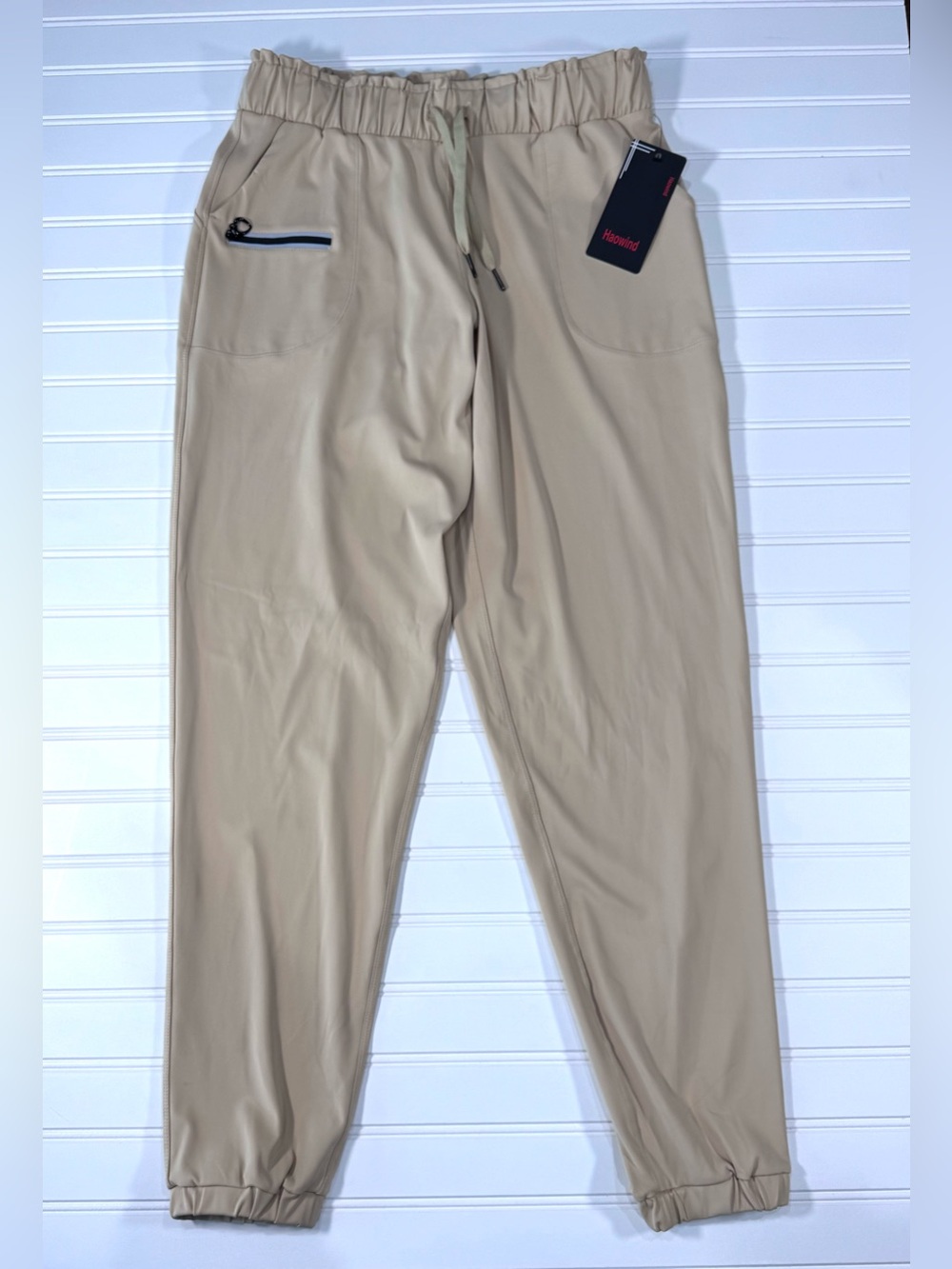 Men's Beige Elastic-Waist Jogger Pants with Zipper Pocket